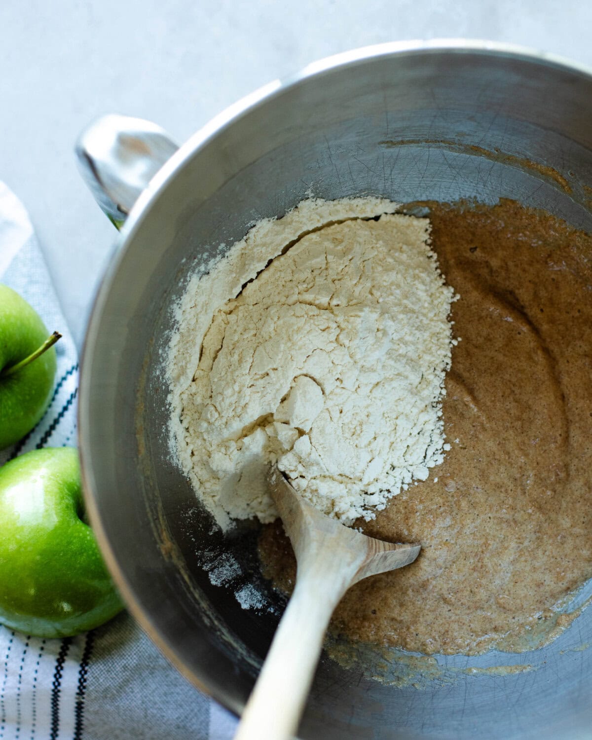 Flour added into wet ingredients to form a batter.