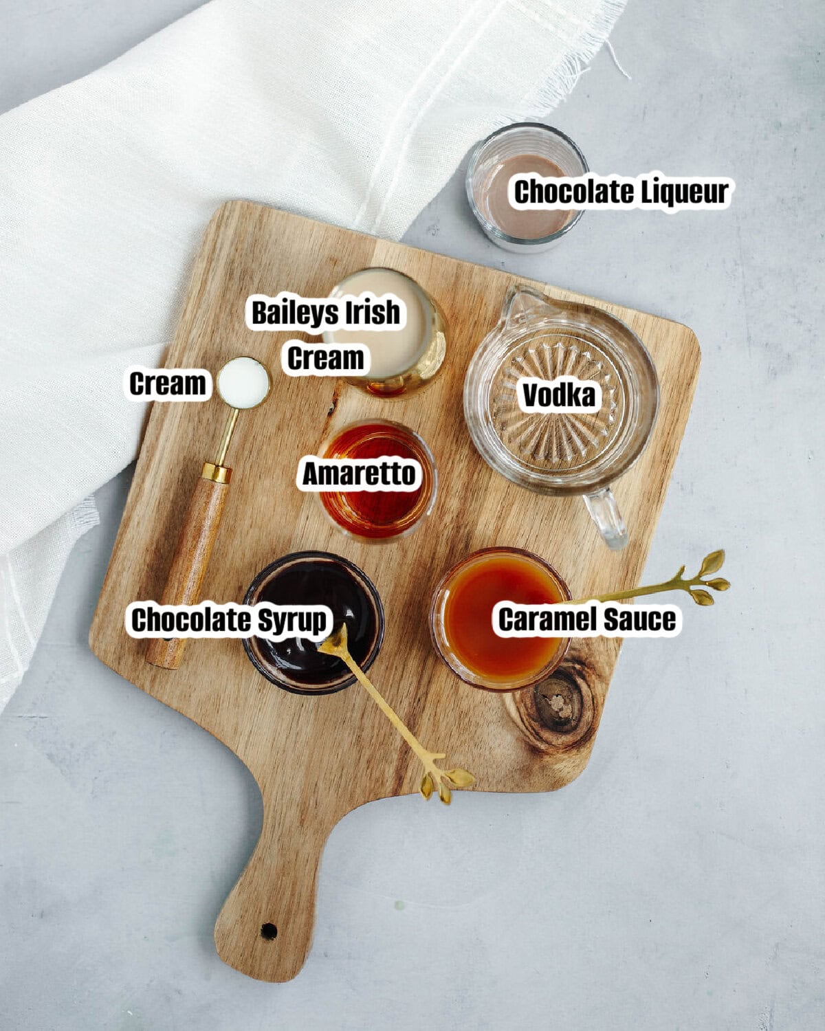 All the ingredients needed to make Snickers Martini.