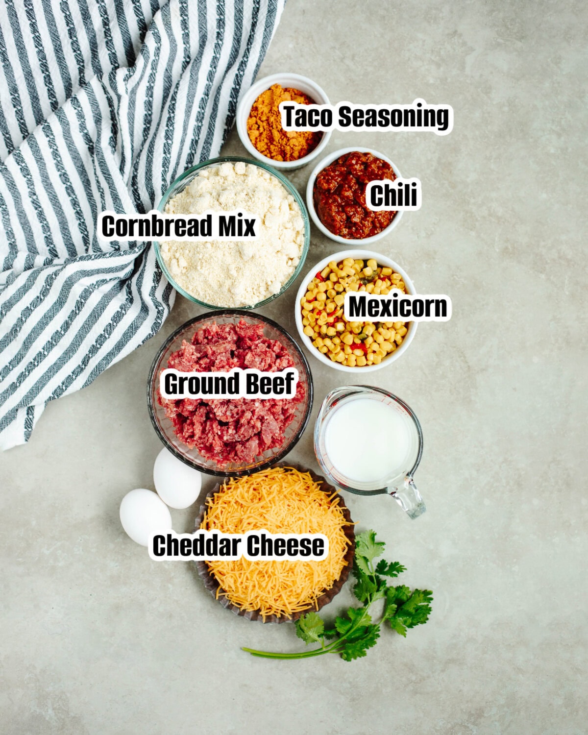 All the ingredients needed to make taco cornbread casserole.