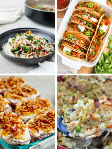 Weekly Meal Plan #10 featuring Egg Roll in a Bowl, Oven Baked Beef Tacos, Stuffing Topped Chicken Pot Pie, French Onion Pork Chops, and Chicken and Sausage Gumbo.