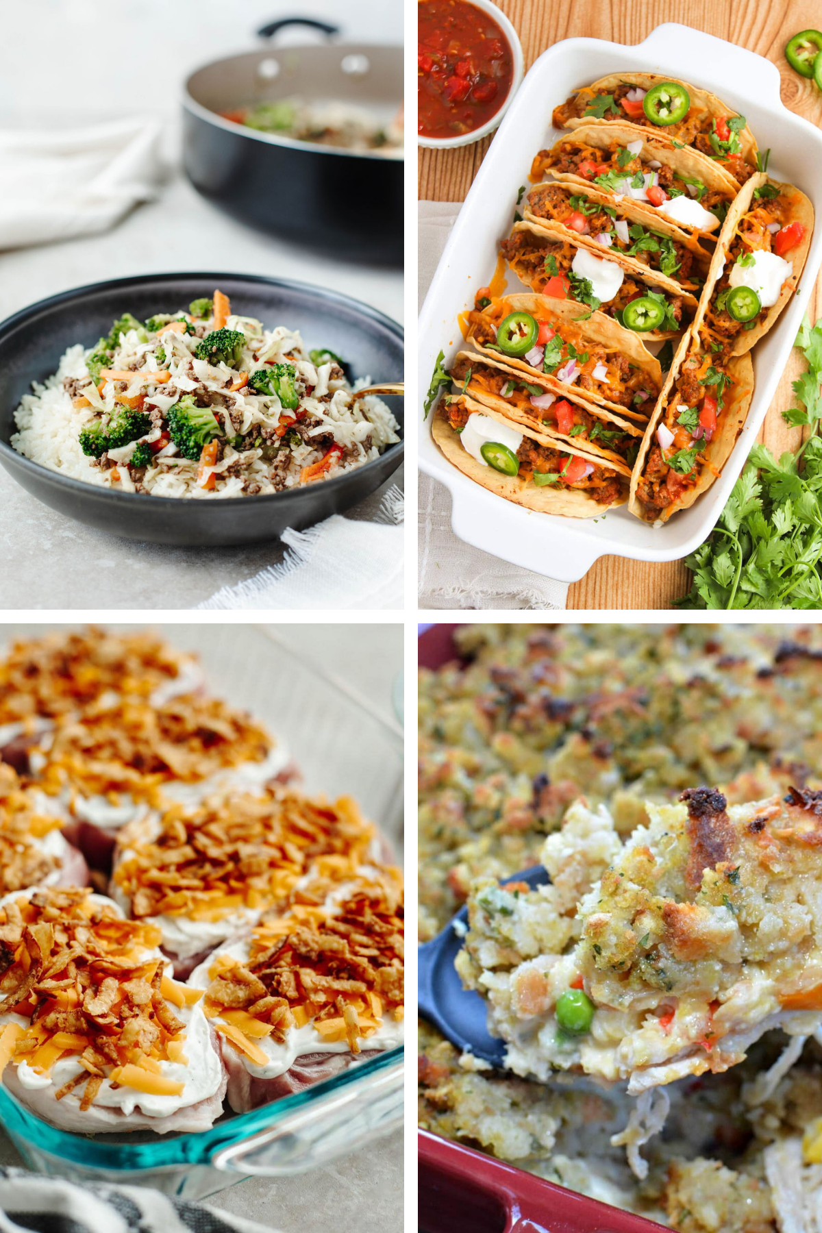 Weekly Meal Plan #10 featuring Egg Roll in a Bowl, Oven Baked Beef Tacos, Stuffing Topped Chicken Pot Pie, French Onion Pork Chops, and Chicken and Sausage Gumbo.