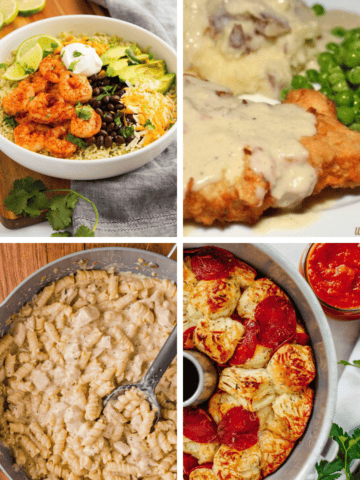 Weekly Meal Plan #11 featuring Shrimp Burrito Bowls, Chicken Fried Chicken, Salsa Verde Chicken Pasta, Mississippi Roast, and Pull Apart Pizza Bread.
