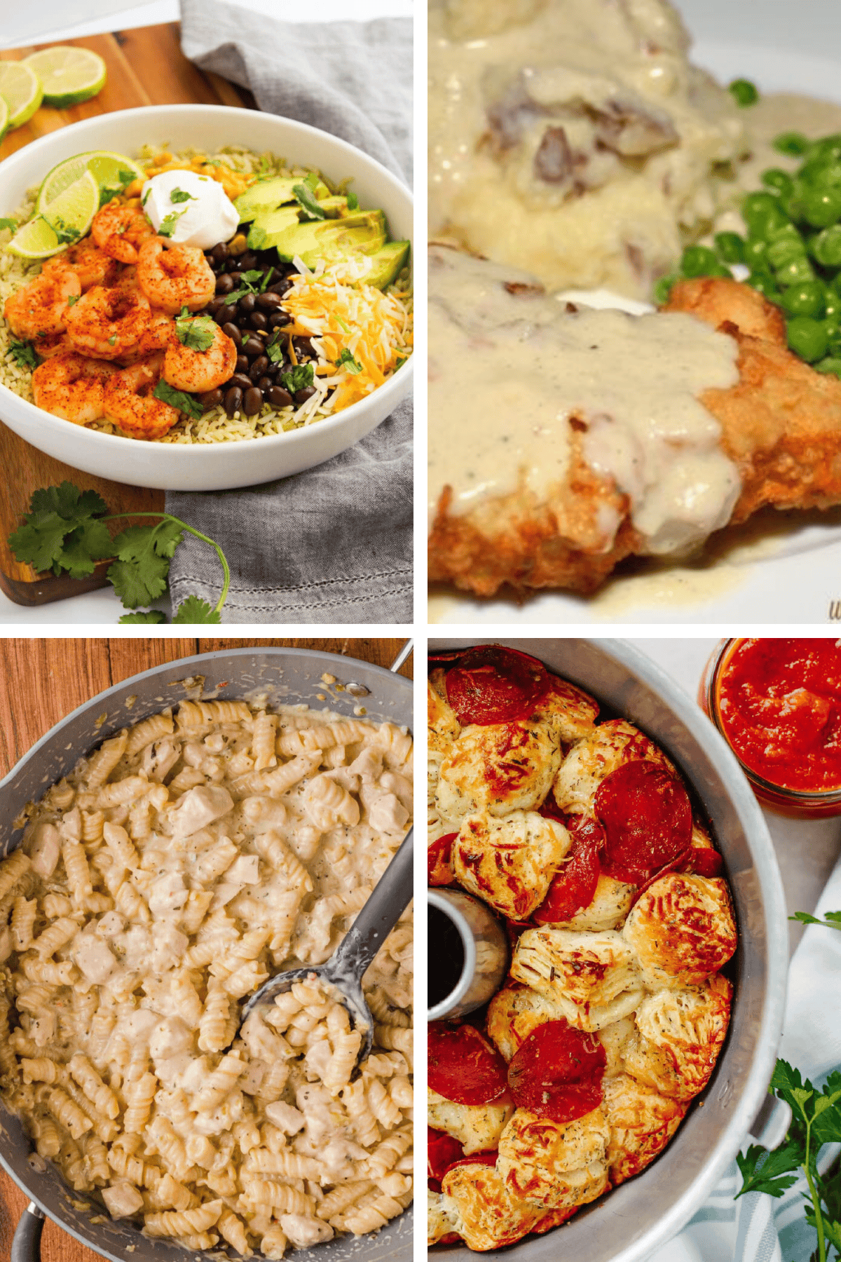 Weekly Meal Plan #11 featuring Shrimp Burrito Bowls, Chicken Fried Chicken, Salsa Verde Chicken Pasta, Mississippi Roast, and Pull Apart Pizza Bread.