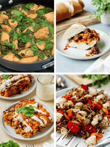 Weekly meal plan collage featuring lemon basil chicken, buffalo chicken flatbread pizza, taco tater tot casserole, and grilled chicken kabobs