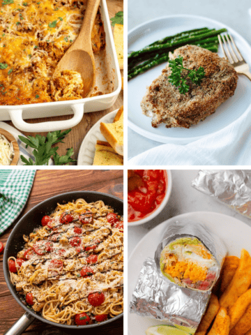 Weekly meal plan collage featuring Italian noodle casserole, ranch breaded pork chops, bruschetta chicken pasta, and California burritos