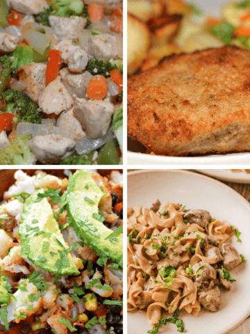 Weekly Meal Plan #9 featuring Zesty Italian Chicken Stir Fry, Parmesan Baked Pork Chops, Fish Taco Bowls, Turkey Bacon Avocado Paninis, and French Onion Beef and Noodles.