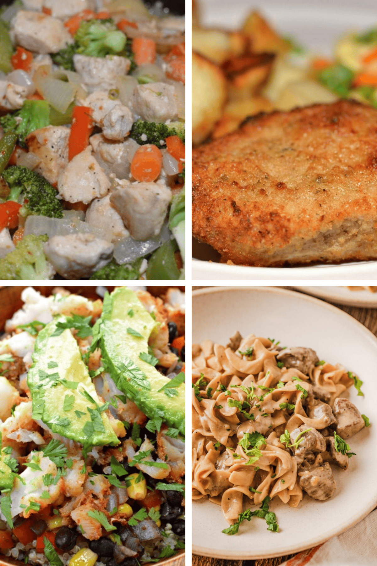 Weekly Meal Plan #9 featuring Zesty Italian Chicken Stir Fry, Parmesan Baked Pork Chops, Fish Taco Bowls, Turkey Bacon Avocado Paninis, and French Onion Beef and Noodles.