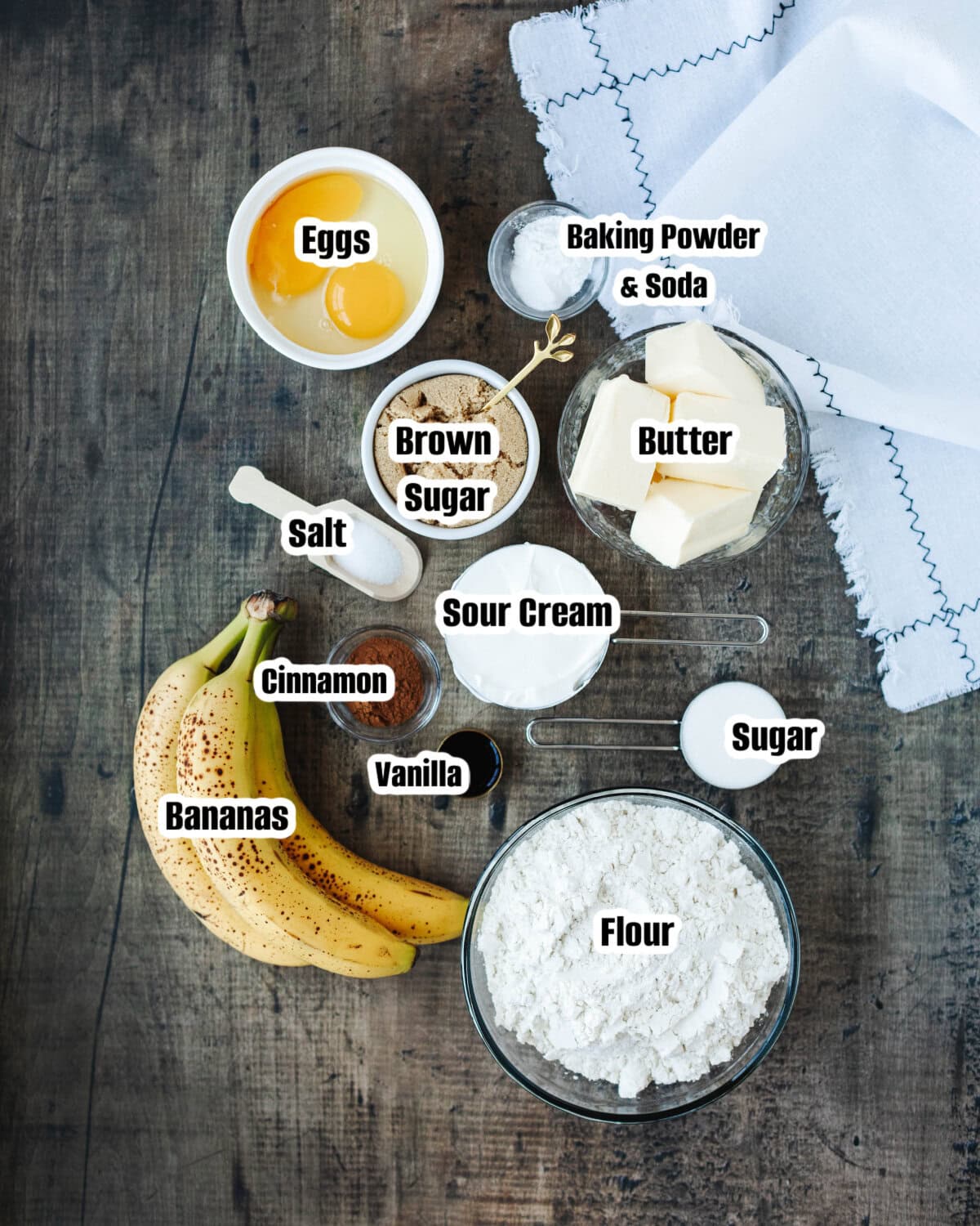 All the ingredients needed to make Banana Coffee Cake.