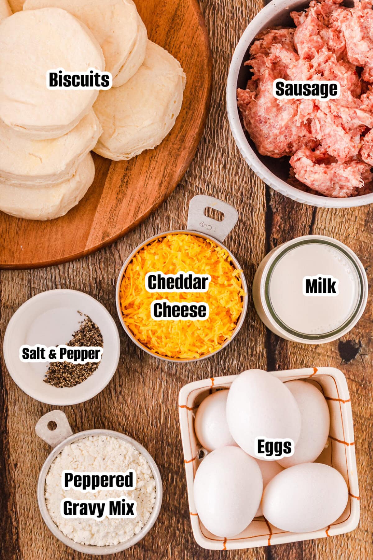 All the ingredients needed to make Biscuits and Gravy Breakfast Casserole.