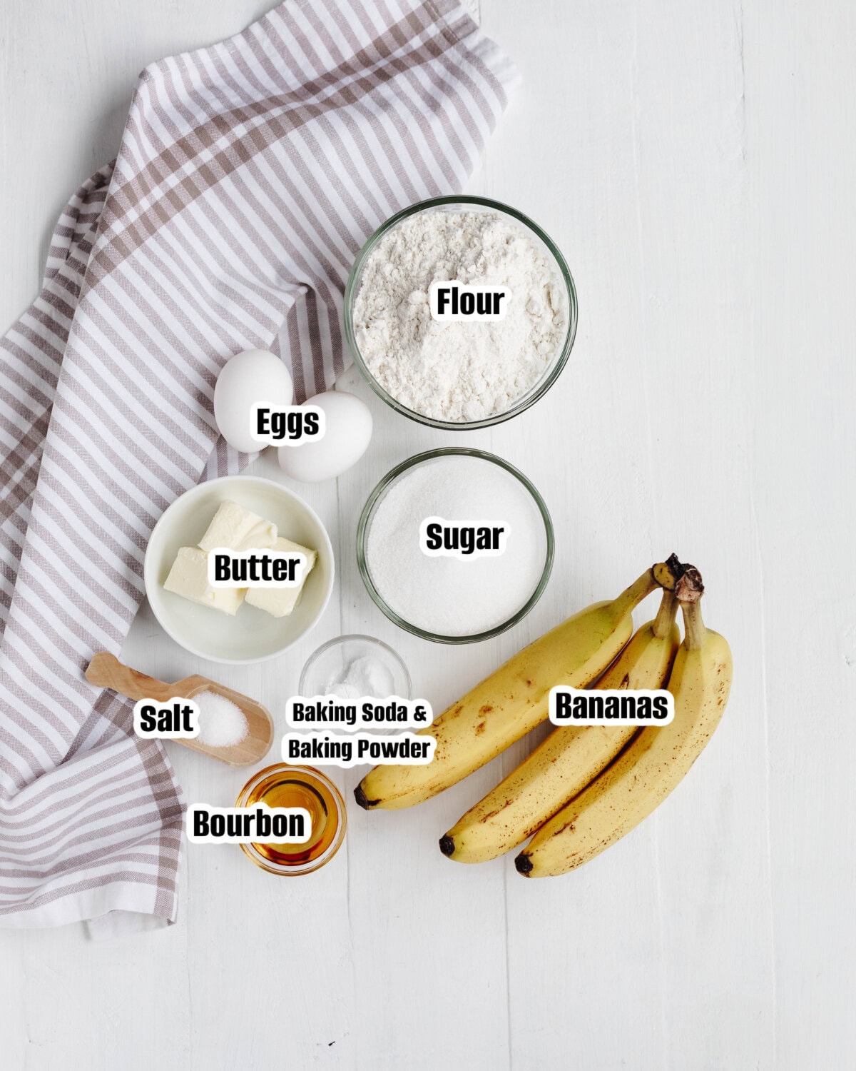 All the ingredients needed to make bourbon banana bread.