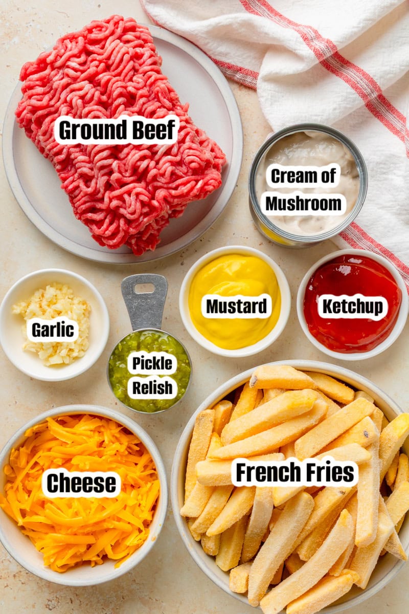 All the ingredients needed to make Cheeseburger French Fry Casserole.
