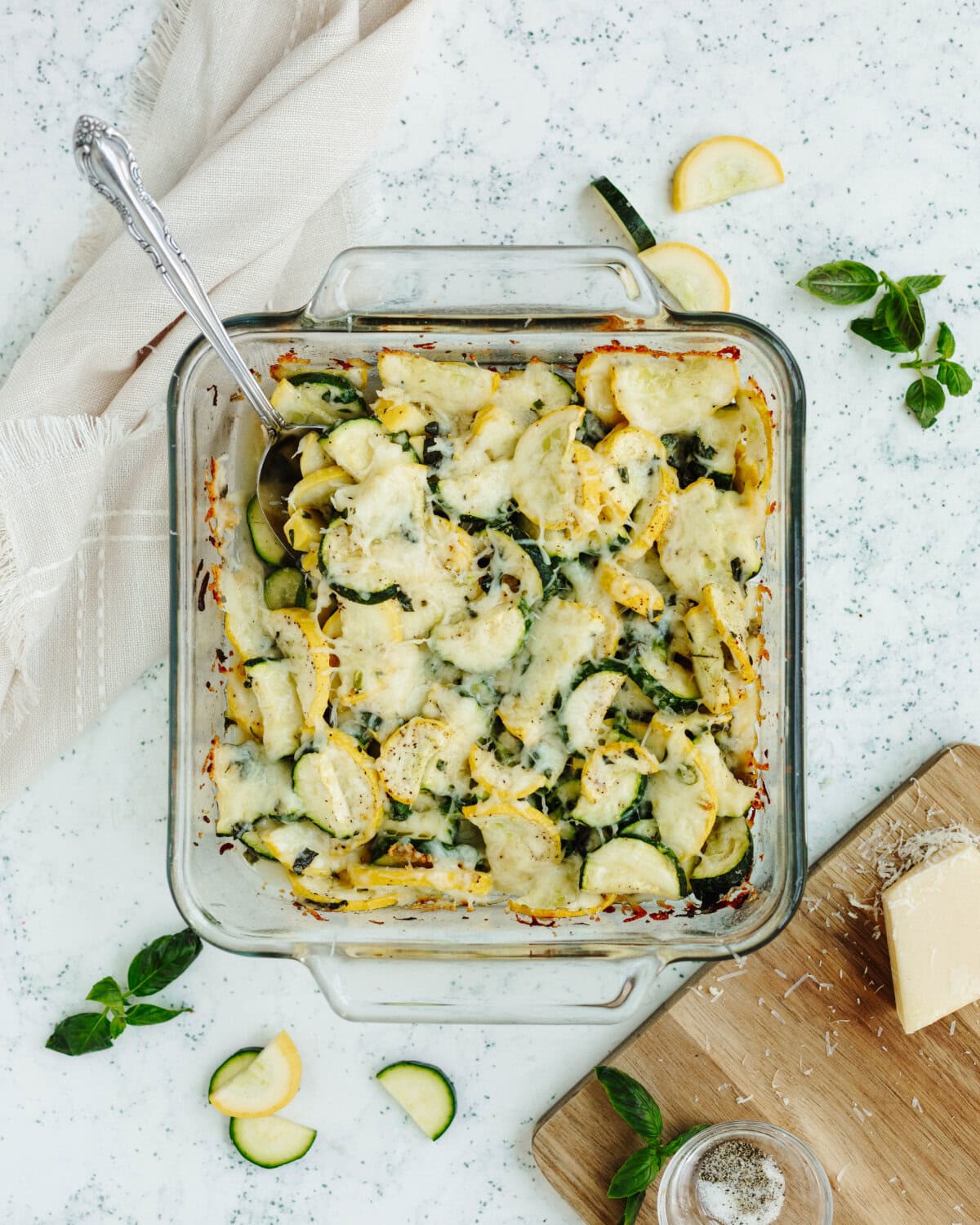 A top look at zucchini casserole fresh from the oven and ready to enjoy.