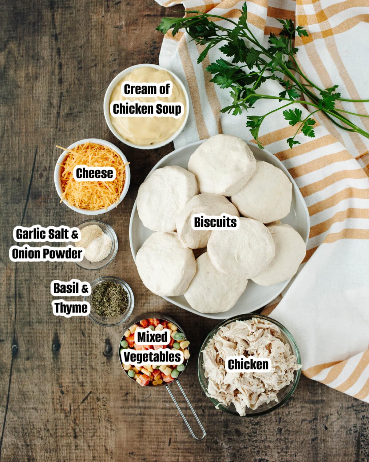 All the ingredients needed to make chicken pot pie muffins.