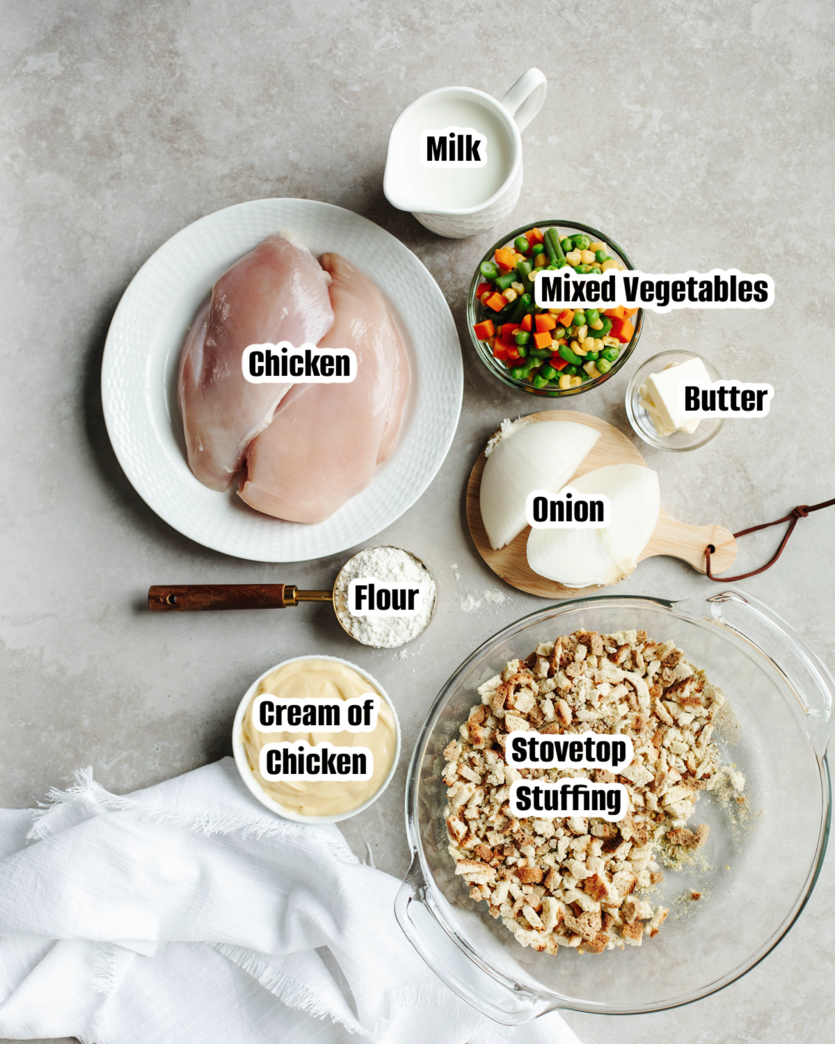All the ingredients needed to make Chicken Pot Pie with Stuffing.
