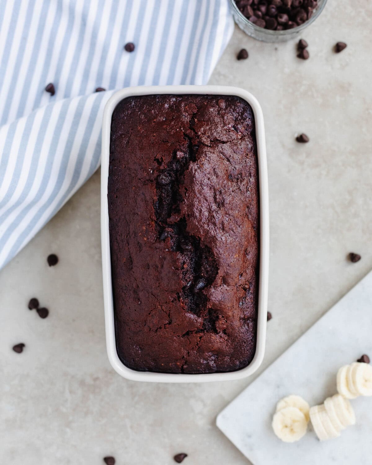 Baked loaf of chocolate banana bread fresh from the oven.