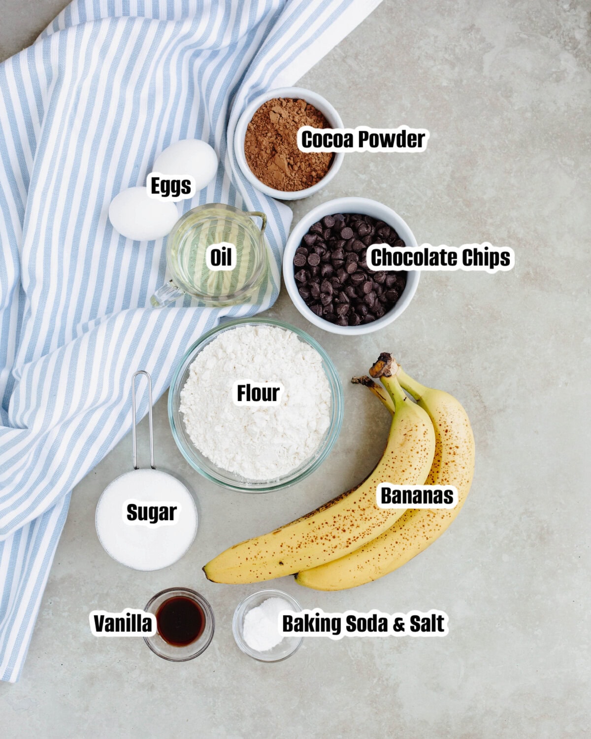 All the ingredients needed to make Double Chocolate Banana Bread.