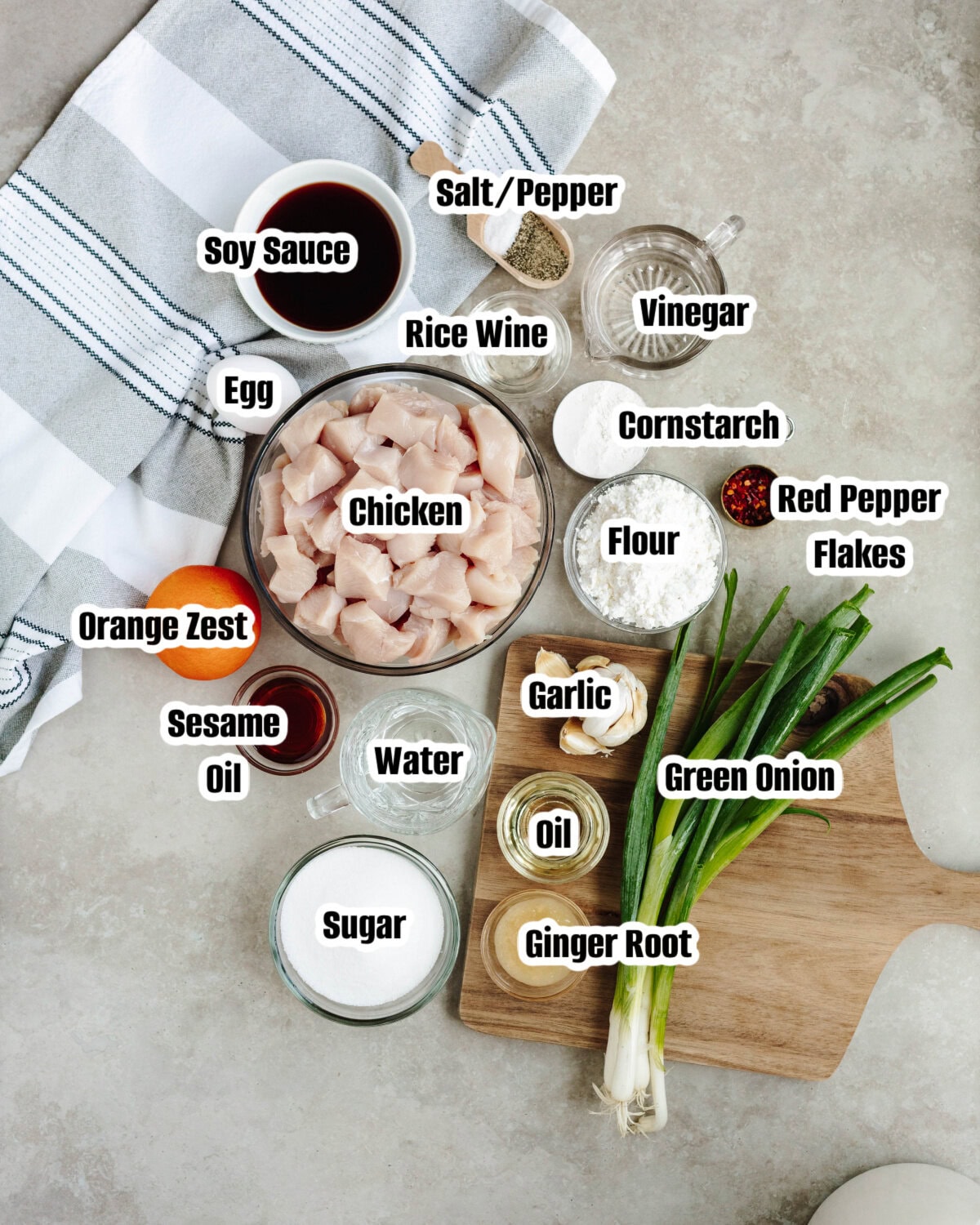 All the ingredients needed to make Easy Orange Chicken.