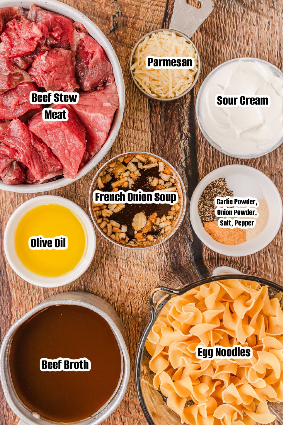 All the ingredients needed to make French Onion Beef and Noodles.