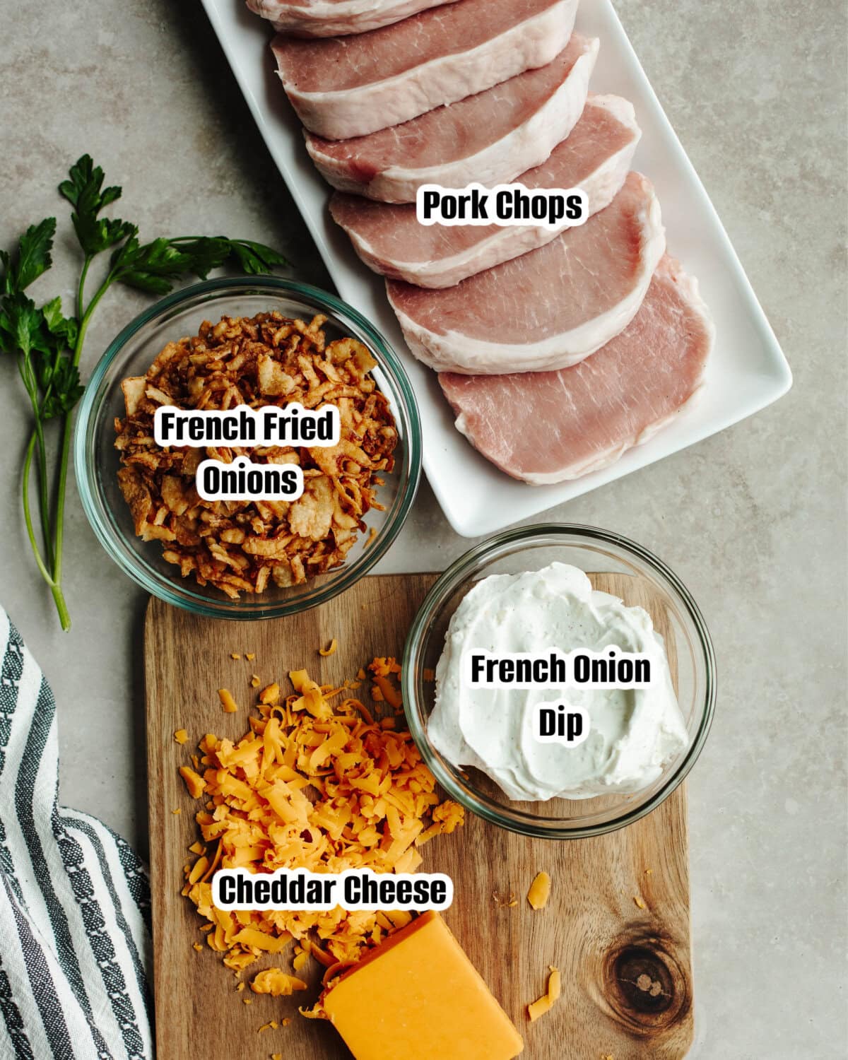 All the ingredients needed to make French Onion pork chops.