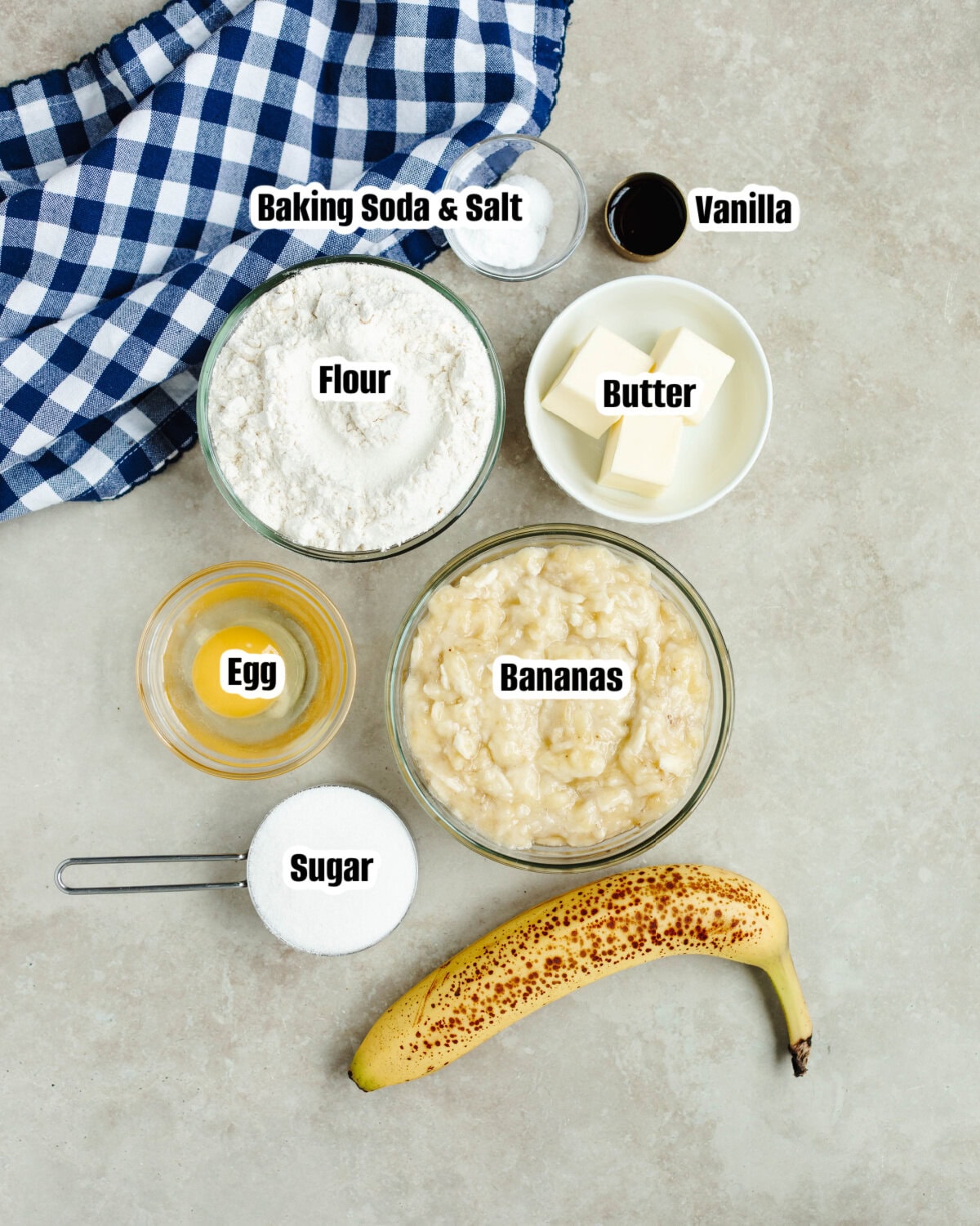 All the ingredients needed to make Mini Banana Muffins.