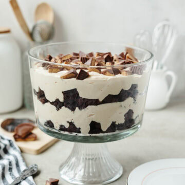 A side view of a peanut butter brownie trifle ready to serve from a glass trifle bowl.