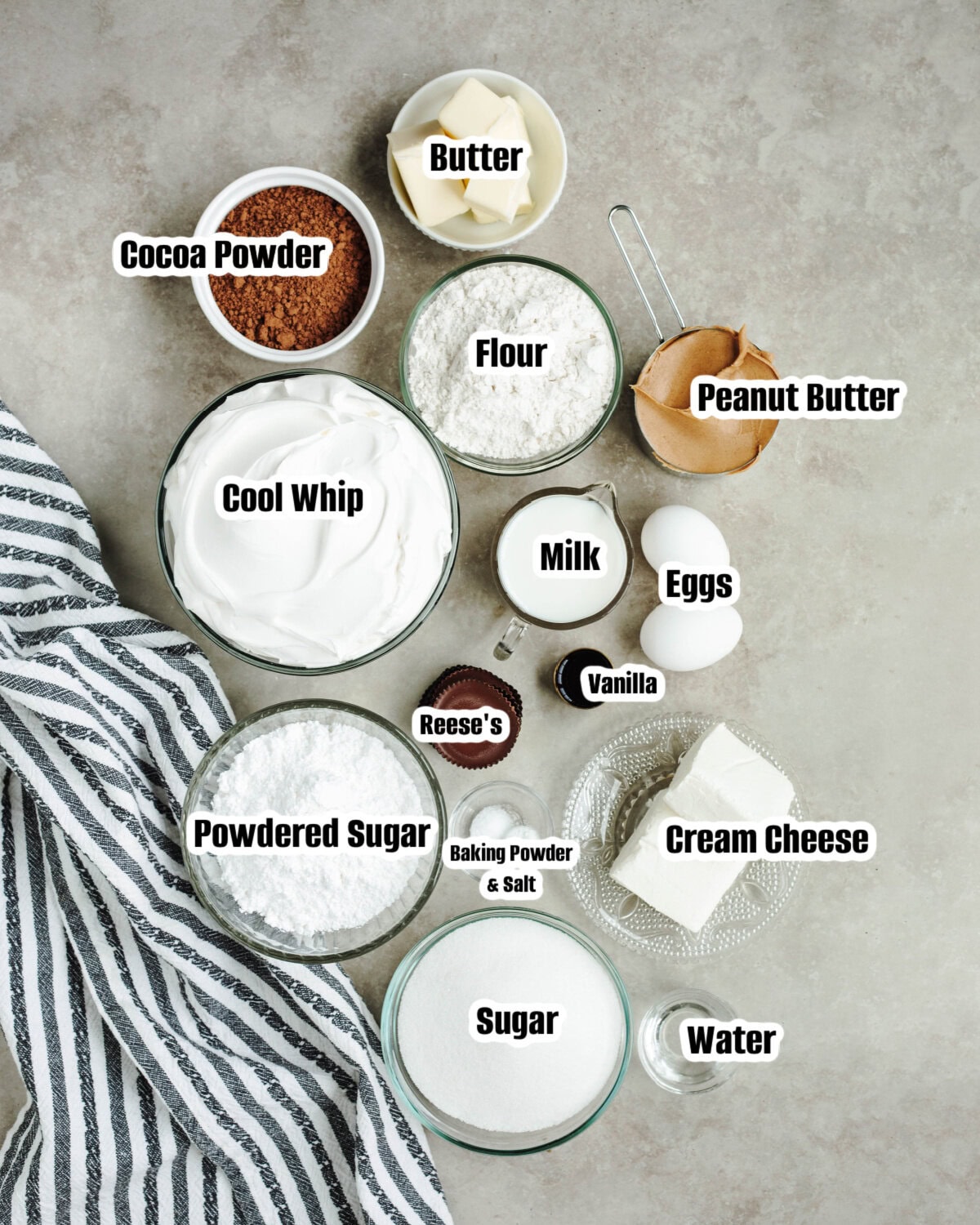 All the ingredients needed to make a Peanut Butter Brownie Trifle.