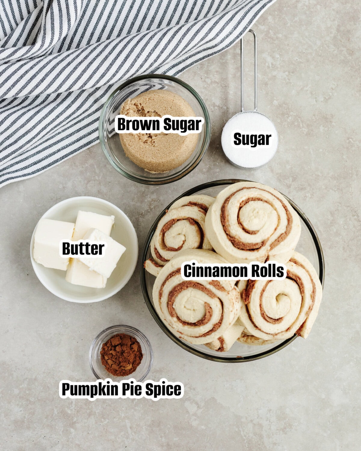 All the ingredients needed to make pumpkin spice monkey bread.