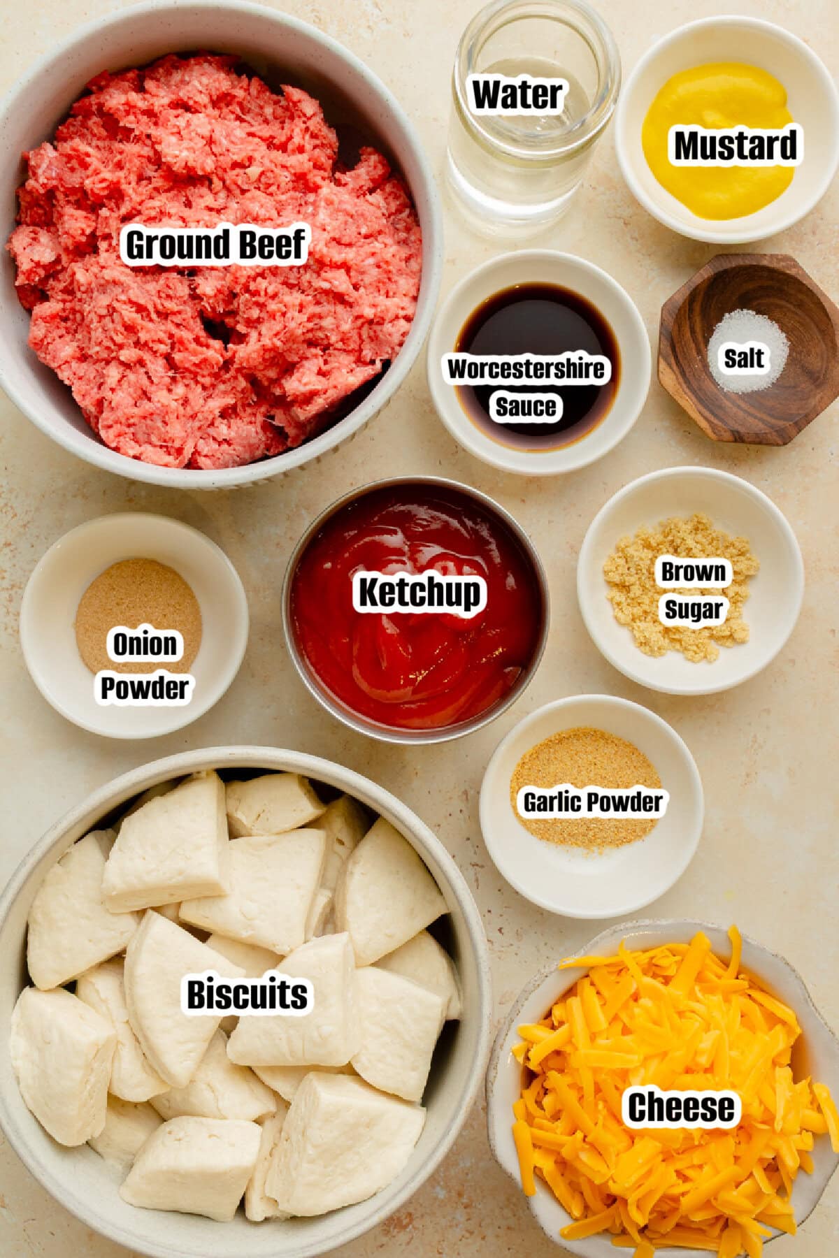 All the ingredients needed to make sloppy joe biscuit casserole.