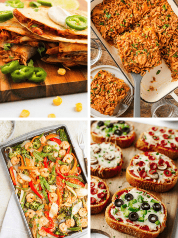 Weekly Meal Plan #12 featuring BBQ Chicken Quesadillas, Parmesan Crusted Salmon, Cheesy Ground Beef and Rice Casserole, Shrimp and Vegetable Stir Fry, and Garlic Bread Pizza.