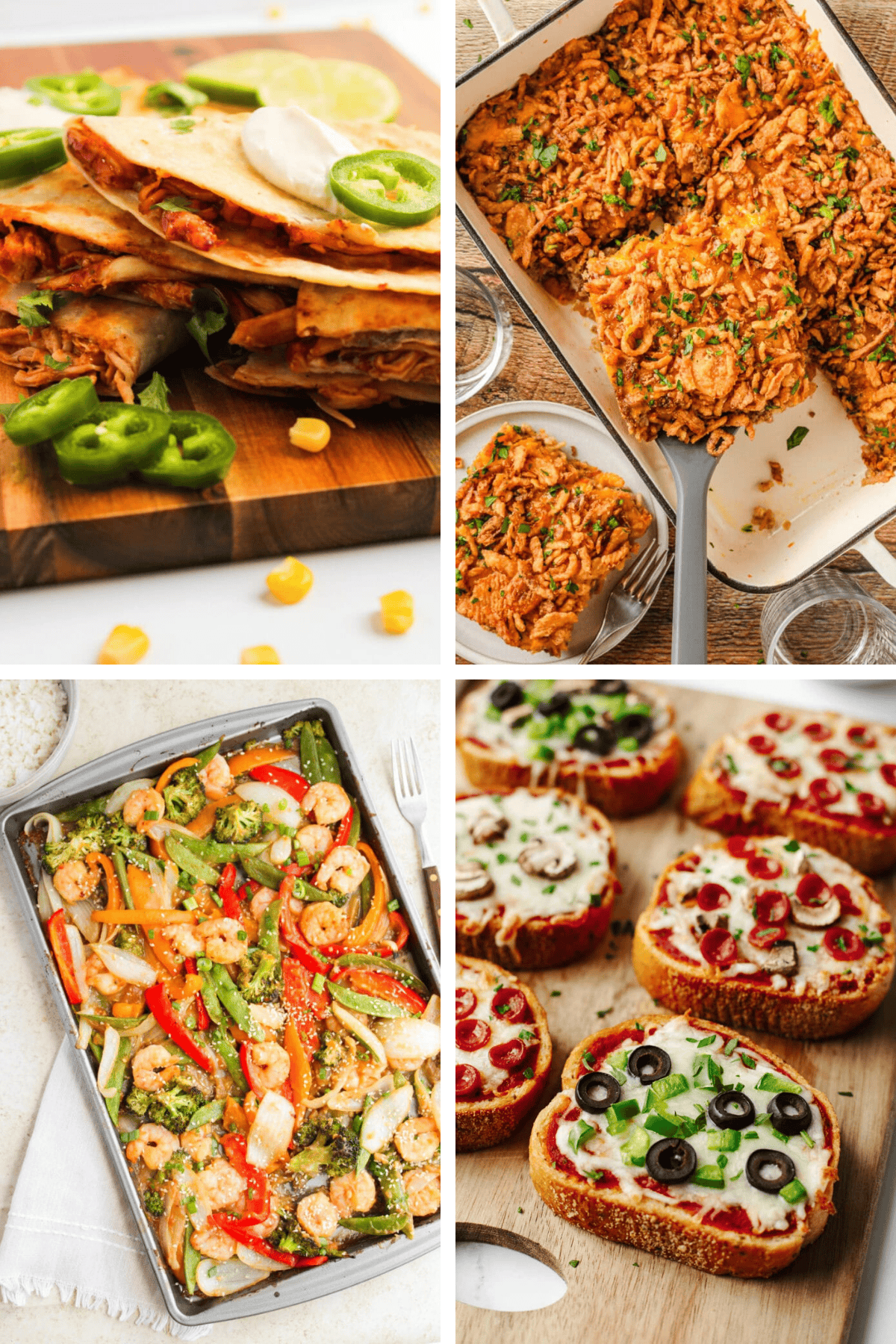 Weekly Meal Plan #12 featuring BBQ Chicken Quesadillas, Parmesan Crusted Salmon, Cheesy Ground Beef and Rice Casserole, Shrimp and Vegetable Stir Fry, and Garlic Bread Pizza.