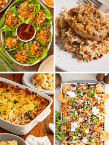 Weekly Meal Plan #13 featuring Chicken Lettuce Wraps, Pork Chop and Rice Casserole, Chicken Cobbler, Rice a Roni Chicken Casserole, and Ground Beef Nachos.