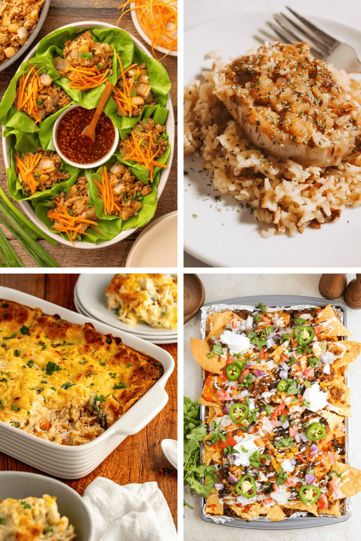 Weekly Meal Plan #13 featuring Chicken Lettuce Wraps, Pork Chop and Rice Casserole, Chicken Cobbler, Rice a Roni Chicken Casserole, and Ground Beef Nachos.