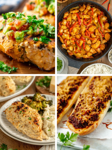 Weekly Meal Plan #14 featuring Cilantro Lime Grilled Chicken, Angry Chicken, Sheet Pan Beef and Broccoli, Melt in Your Mouth Chicken, and Garlic Bread Sloppy Joes.