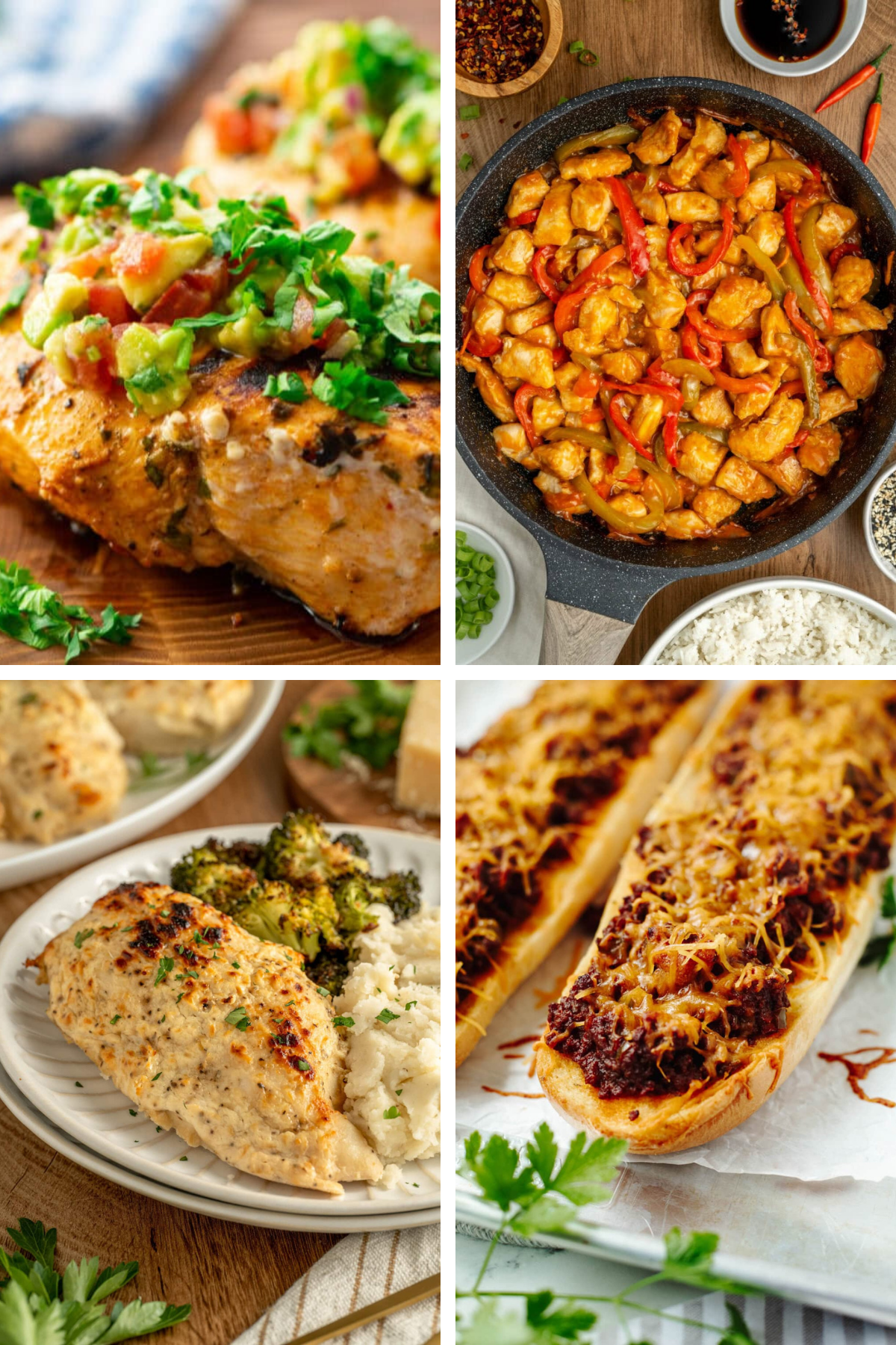 Weekly Meal Plan #14 featuring Cilantro Lime Grilled Chicken, Angry Chicken, Sheet Pan Beef and Broccoli, Melt in Your Mouth Chicken, and Garlic Bread Sloppy Joes.