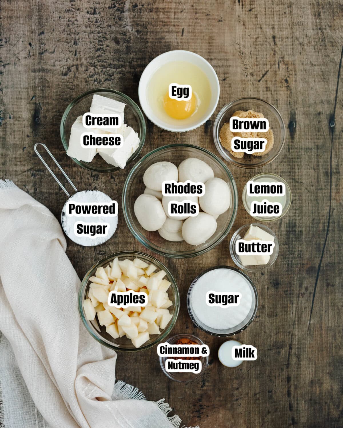 All the ingredients needed to make apple cinnamon cream cheese bake.