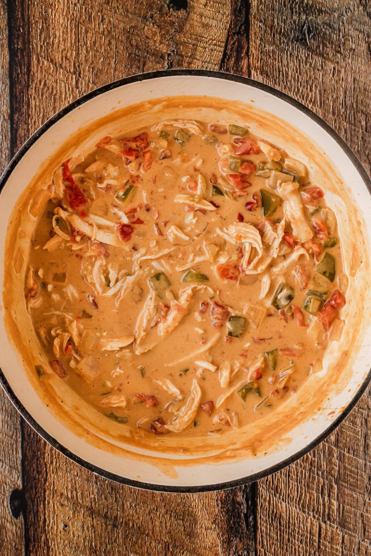 Chicken fajita soup made in a Dutch oven and ready to serve.