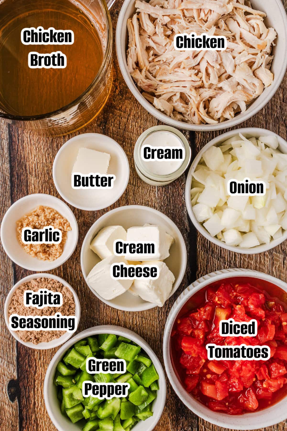 All the ingredients needed to make Creamy Chicken Fajita Soup.