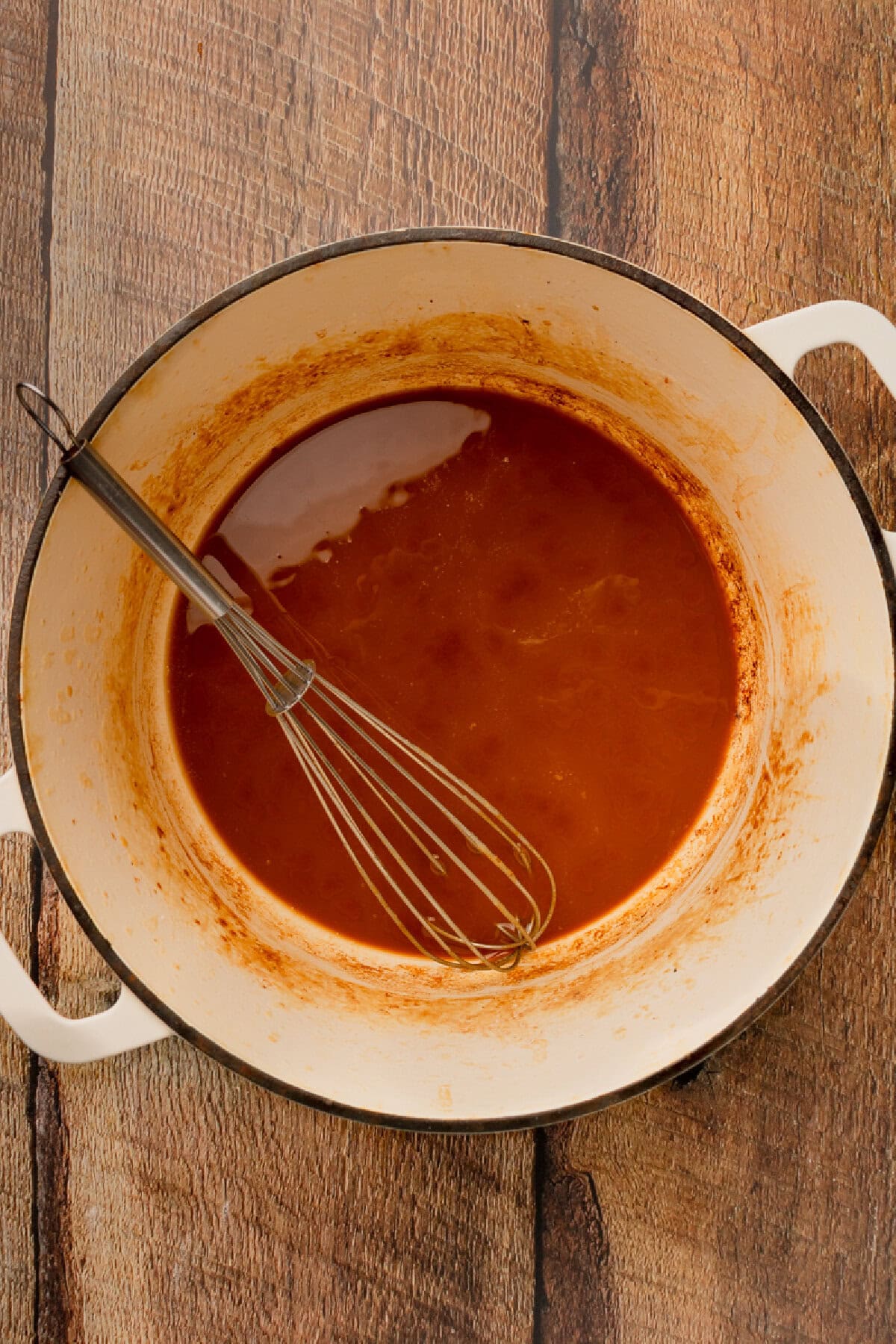 A roux formed in a Dutch oven until browned.