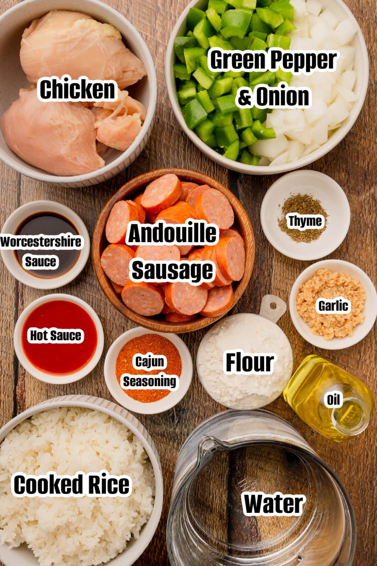 All the ingredients needed to make Chicken and Sausage Gumbo.