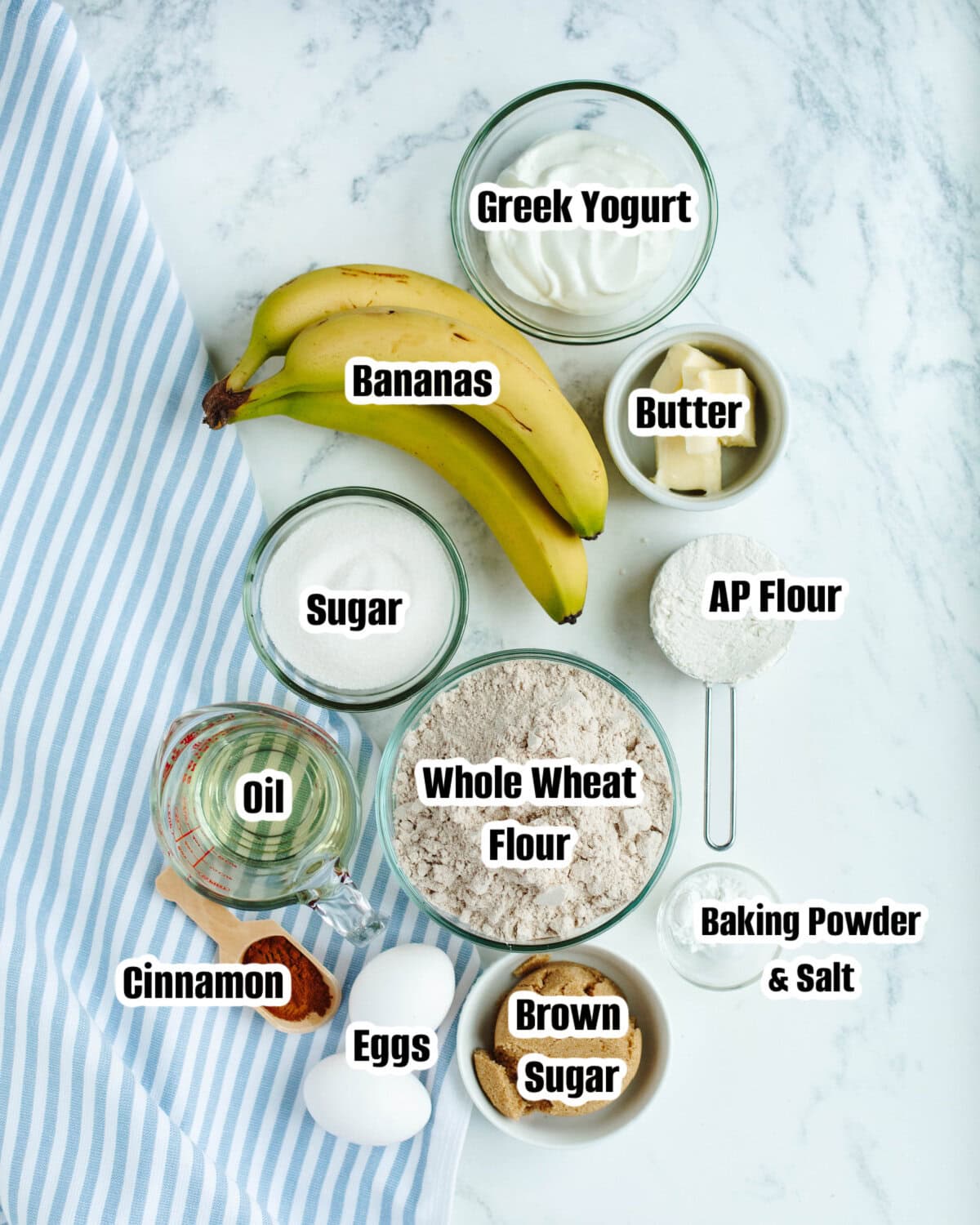 All the ingredients needed to make cinnamon crumble banana bread.