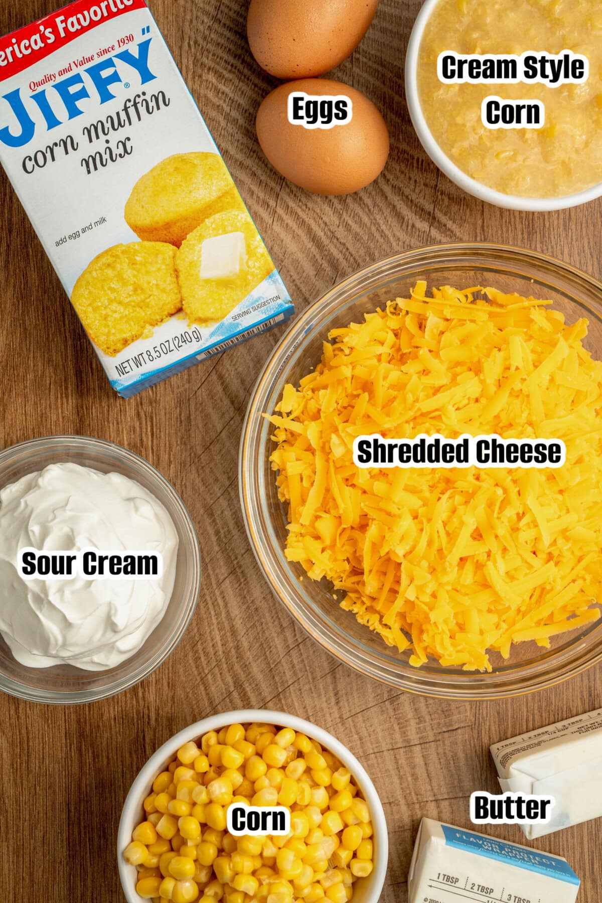 All the ingredients needed to make Jiffy Cornbread Casserole.