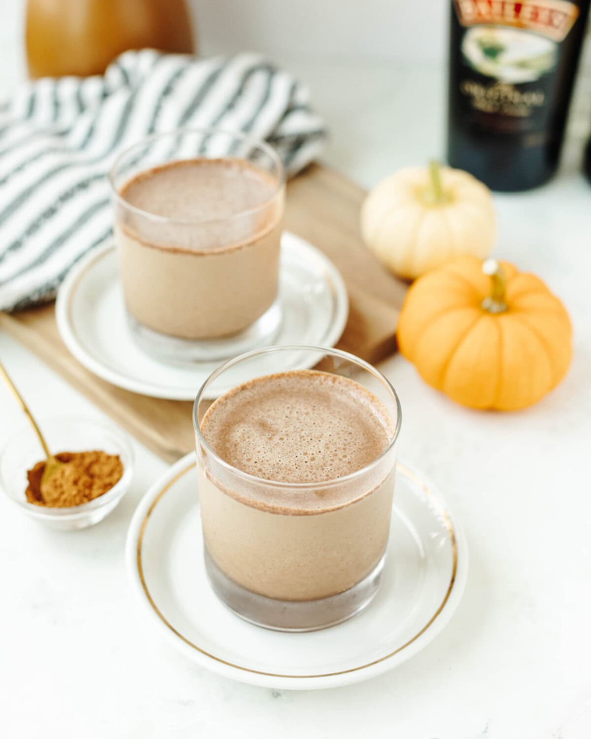 A strained pumpkin mudslide ready to garnish and serve.