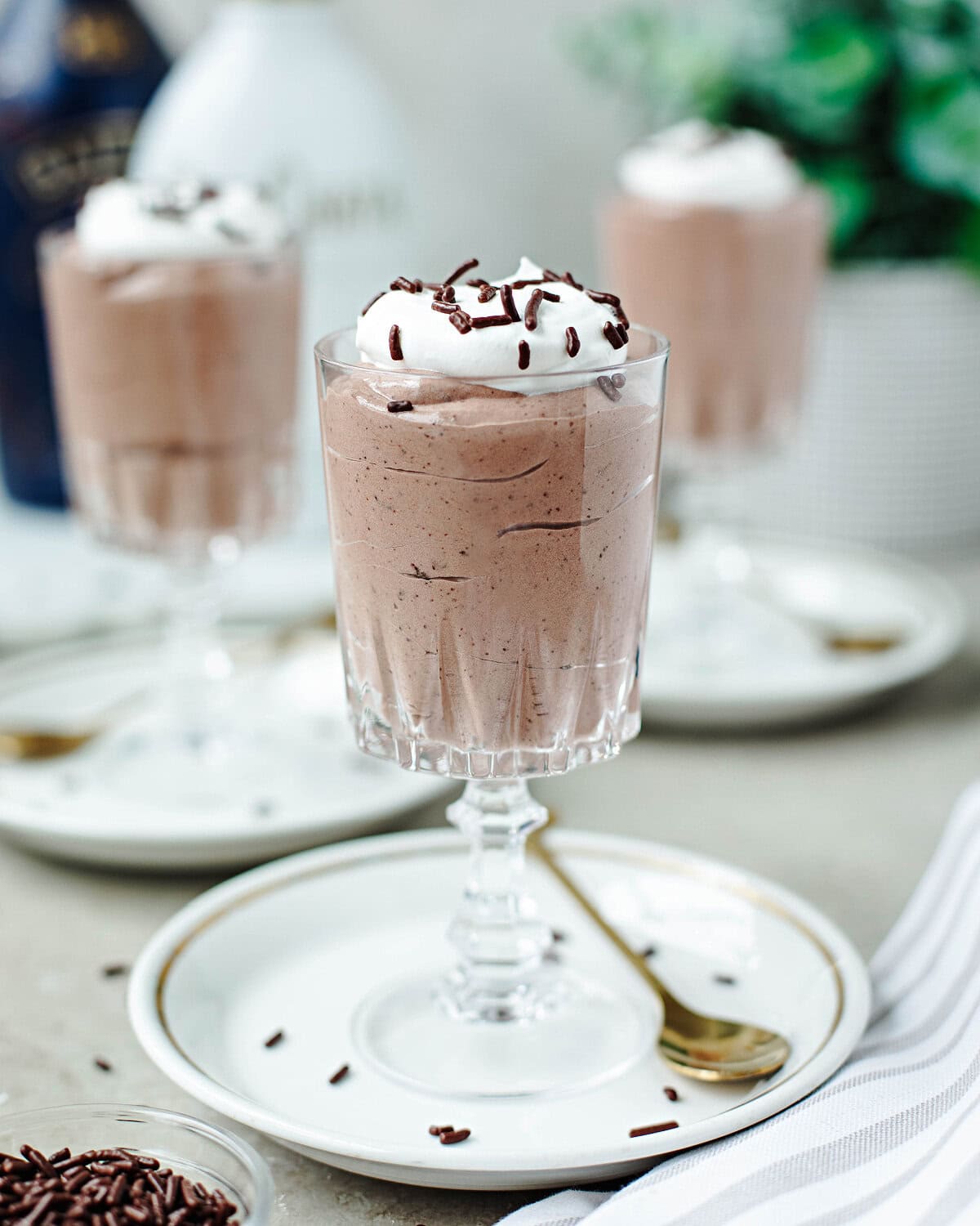 A side view of a glass dish filled with Rumchata pudding.