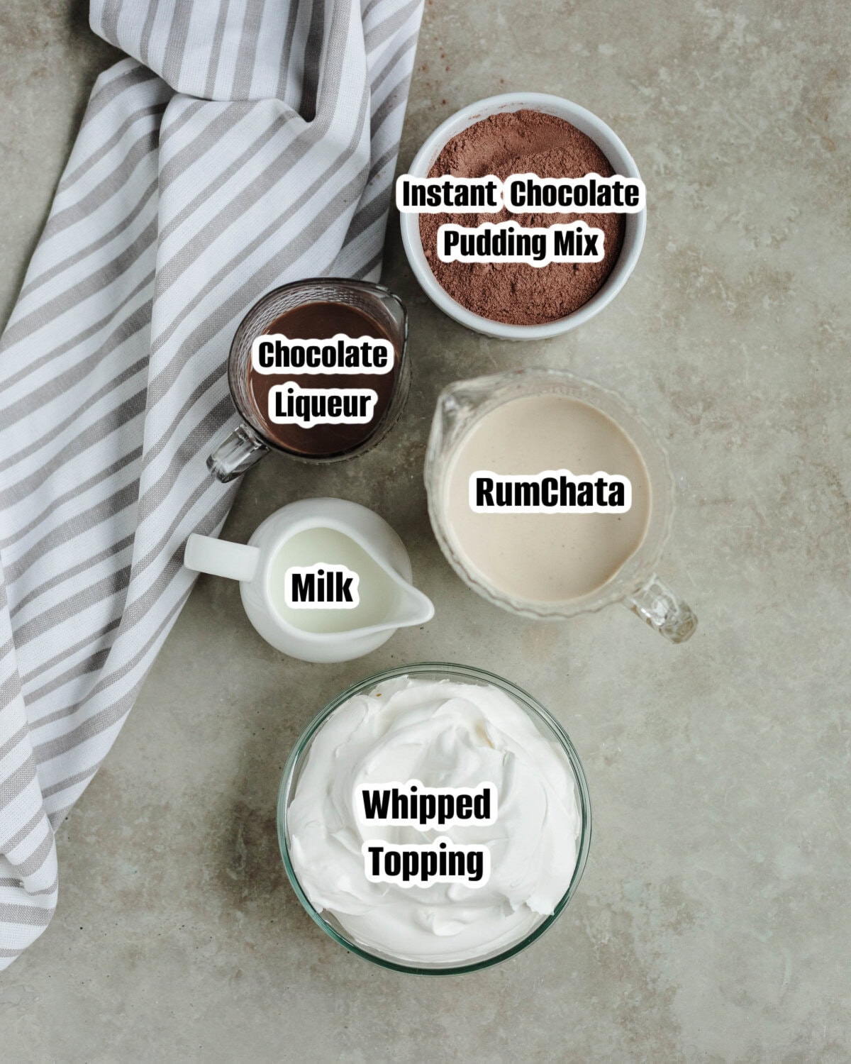 All the ingredients needed to make RumChata pudding.