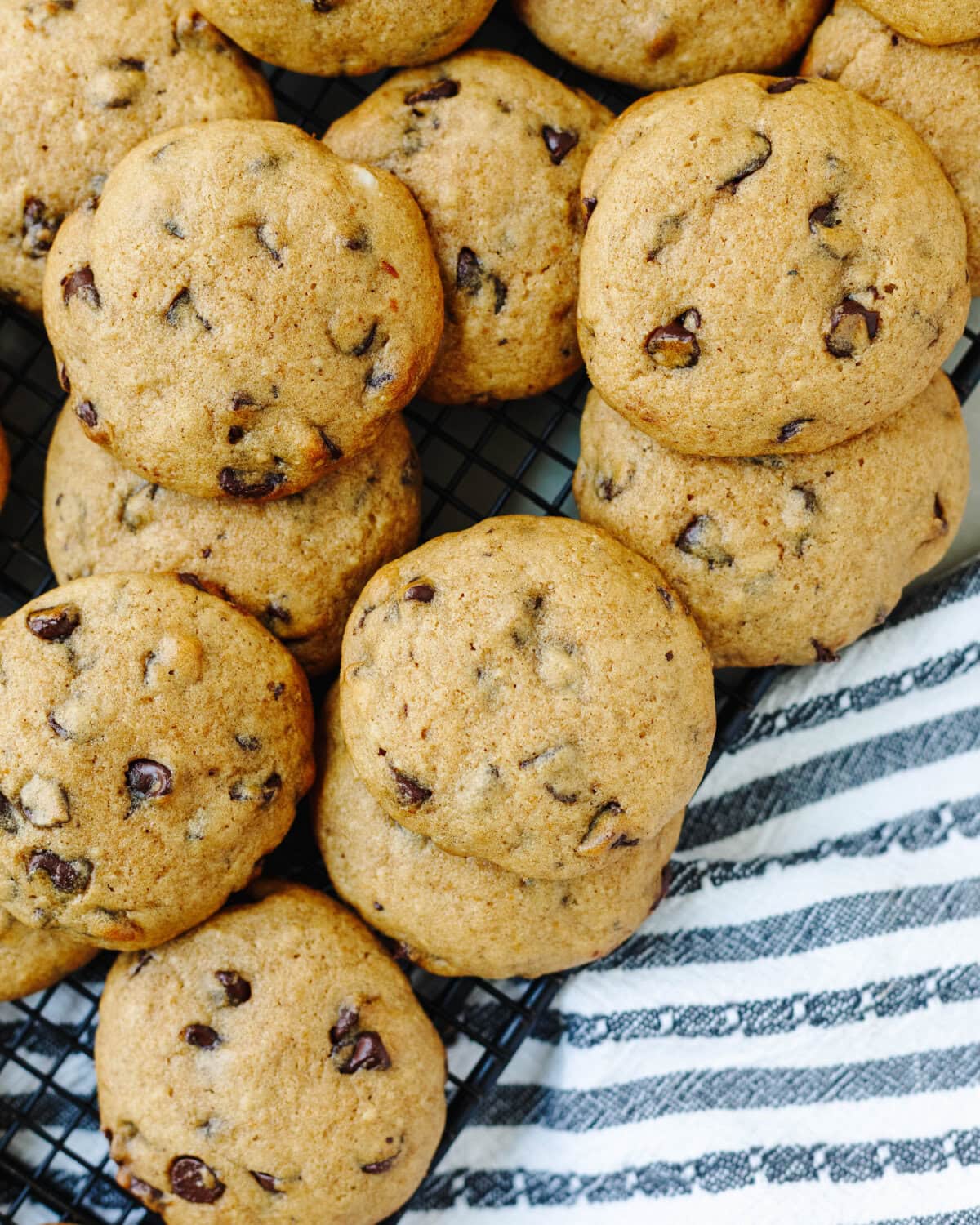 Freshly baked pumpkin cookies with chocolate chips cooling on a wire rack.