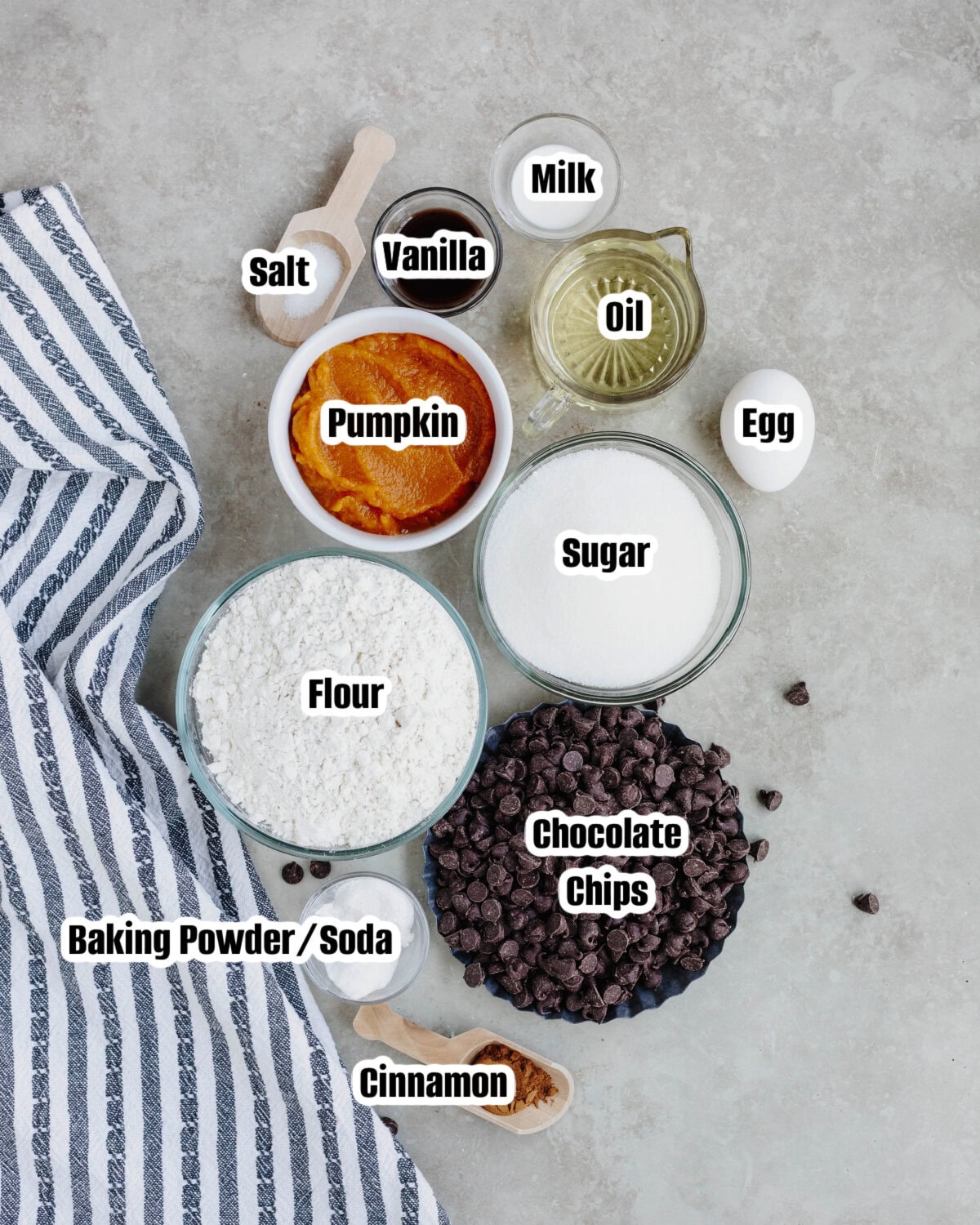 All the ingredients needed to make soft pumpkin chocolate chip cookies.