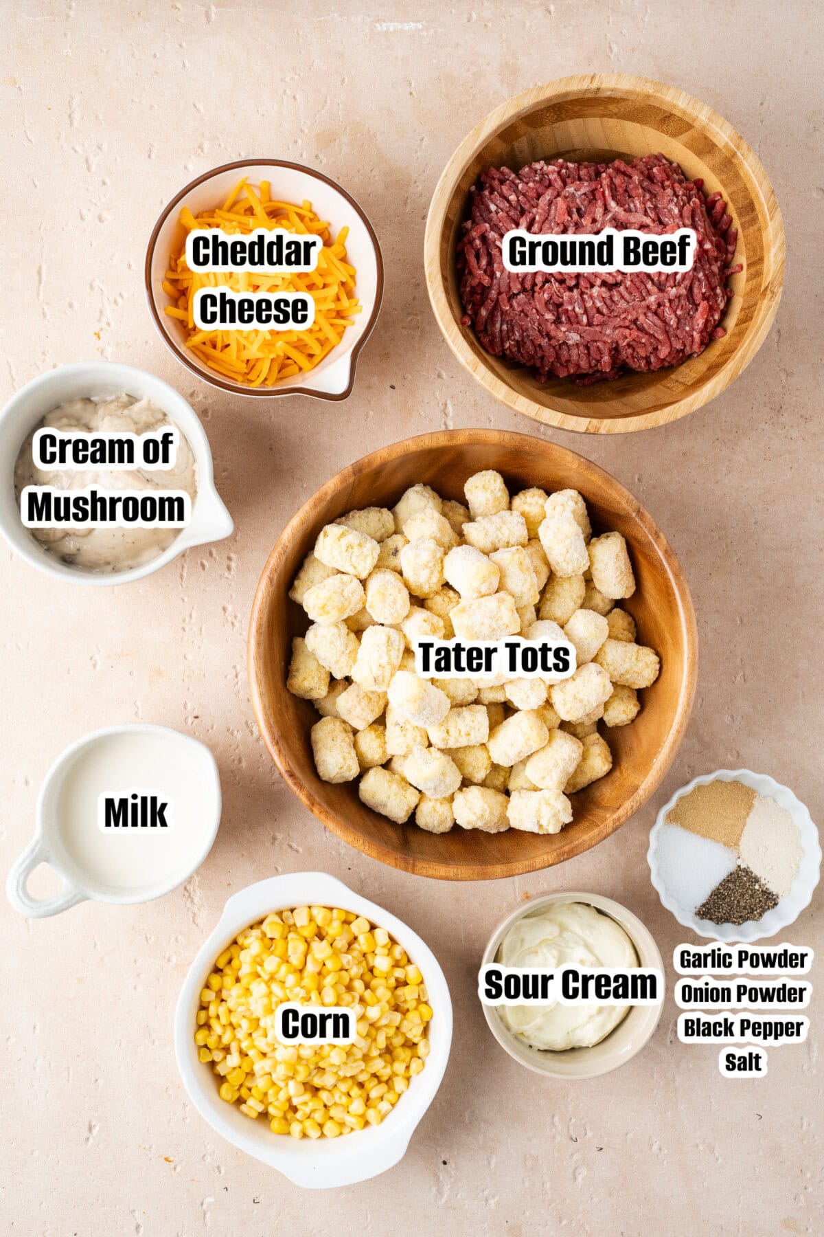 All the ingredients needed to make tater tot casserole.