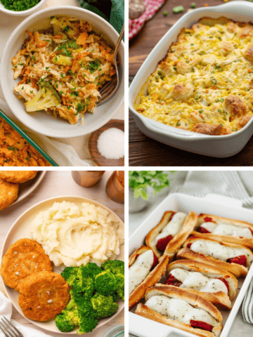 Weekly Meal Plan #16 featuring Chicken Broccoli Casserole, Slow Cooker Ranch Chicken Enchiladas, Old Fashioned Salmon Patties, Chicken Pot Pie Bubble Up Casserole, and Easy Meatball Subs.