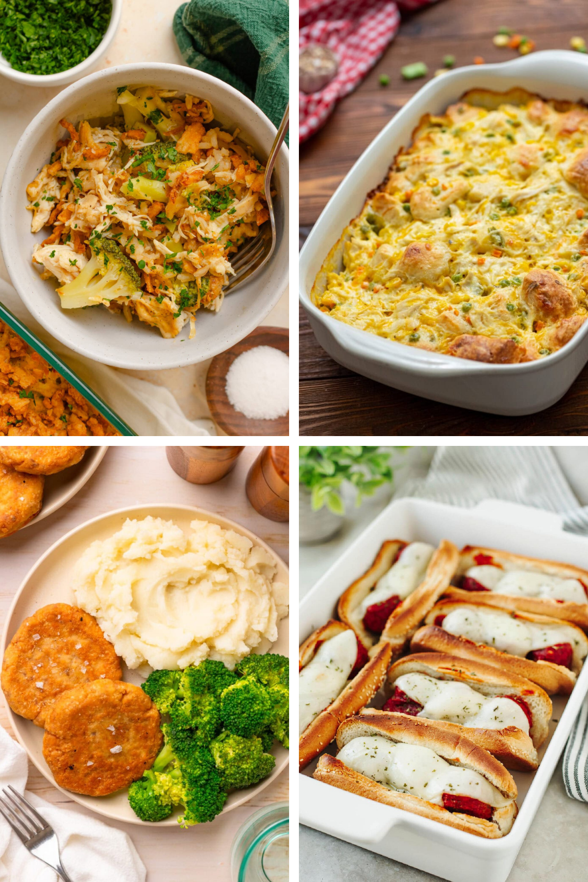 Weekly Meal Plan #16 featuring Chicken Broccoli Casserole, Slow Cooker Ranch Chicken Enchiladas, Old Fashioned Salmon Patties, Chicken Pot Pie Bubble Up Casserole, and Easy Meatball Subs.