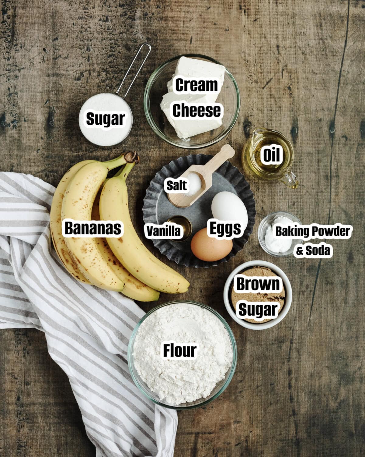 All the ingredients needed to make banana cream cheese muffins.